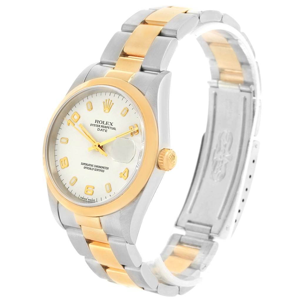 The image shows a side-angle view of the Rolex Date 15203 Men's Steel and Gold (two tone) White Dial 15203 Men's Steel and Gold (two tone) White Dial watch, highlighting its face, bezel, and two-tone bracelet.