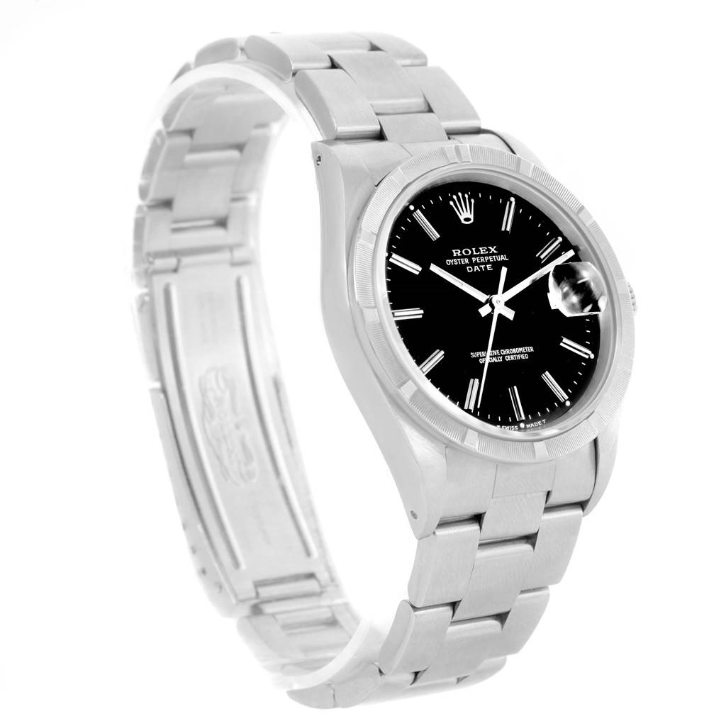 This image shows a side-angle view of a Rolex Date 15210 Men's Stainless Steel Black Dial 15210 Men's Stainless Steel Black Dial model watch, highlighting the face, bezel, and bracelet.