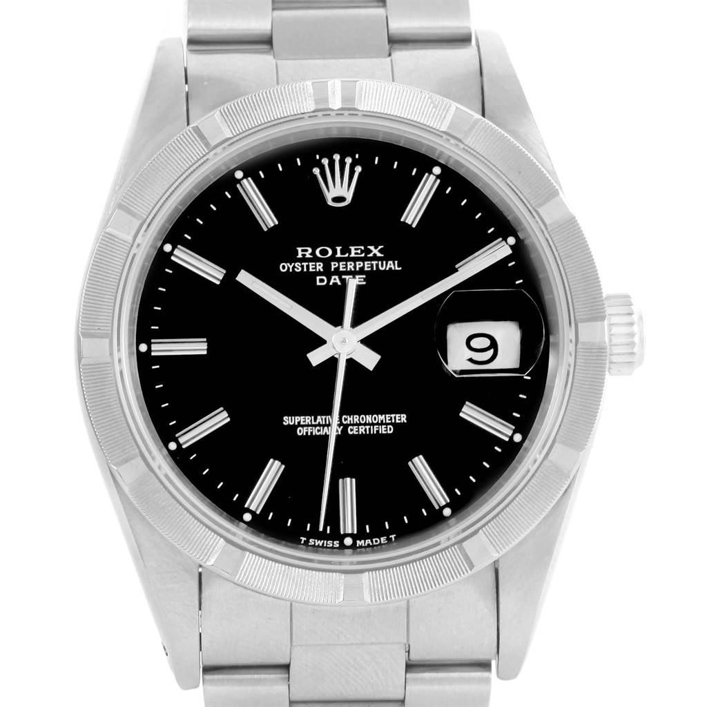The image shows a front view of the Rolex Oyster Perpetual Date watch, displaying the dial, bezel, bracelet, and crown.