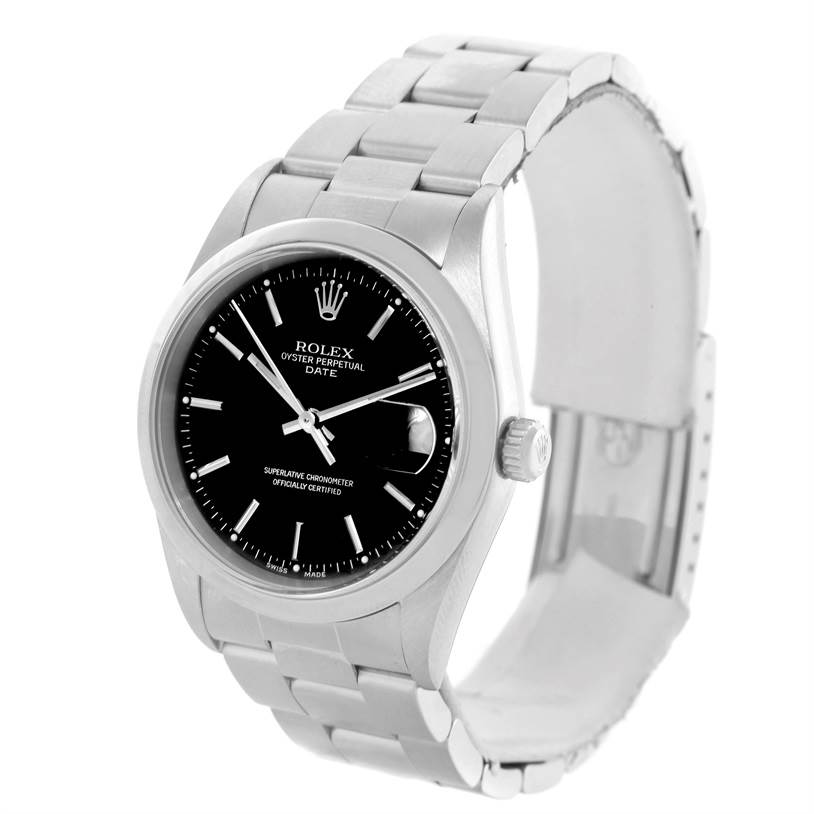The image shows a front view of a Rolex Date 15200 Men's Stainless Steel Black Dial 15200 Men's Stainless Steel Black Dial model watch featuring its face, bezel, bracelet, and clasp.
