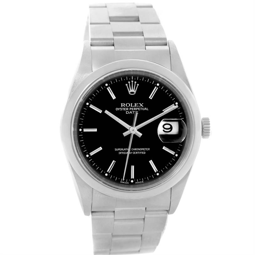 This Rolex Date 15200 Men's Stainless Steel Black Dial 15200 Men's Stainless Steel Black Dial watch is shown from a front angle, displaying the dial, bezel, and bracelet.