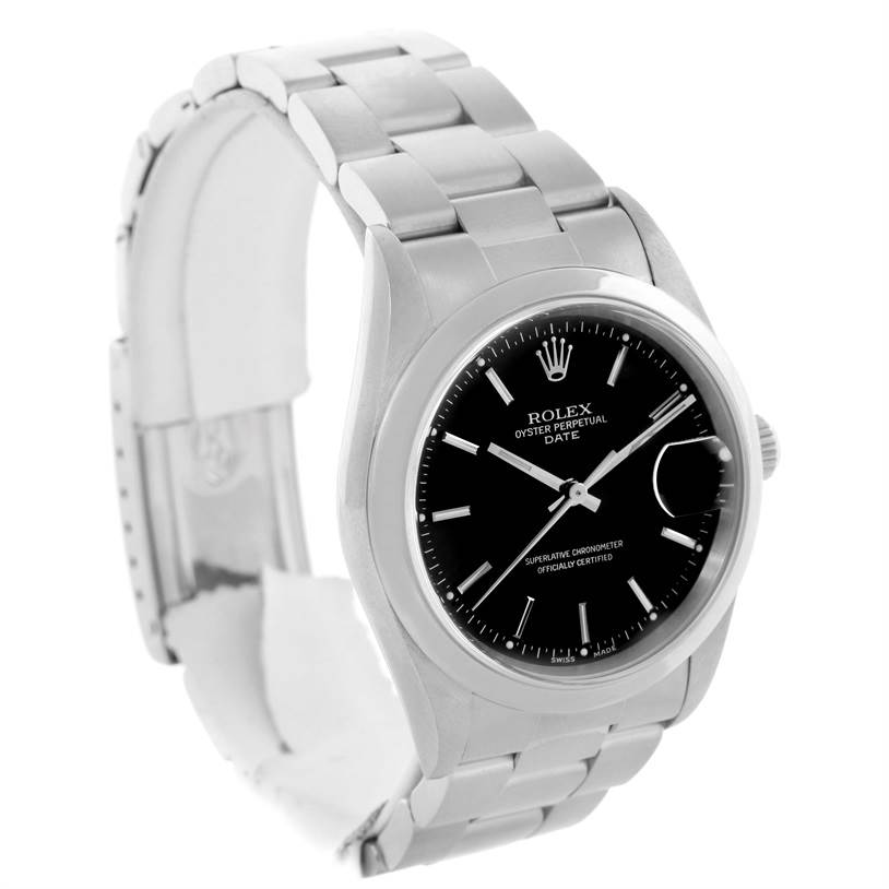 This image shows a Rolex Oyster Perpetual Date watch at a three-quarter angle, highlighting the face, bezel, and bracelet.