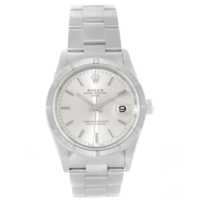 Rolex Date Silver Baton Dial Stainless Steel Mens Watch 15210 Box Papers SwissWatchExpo