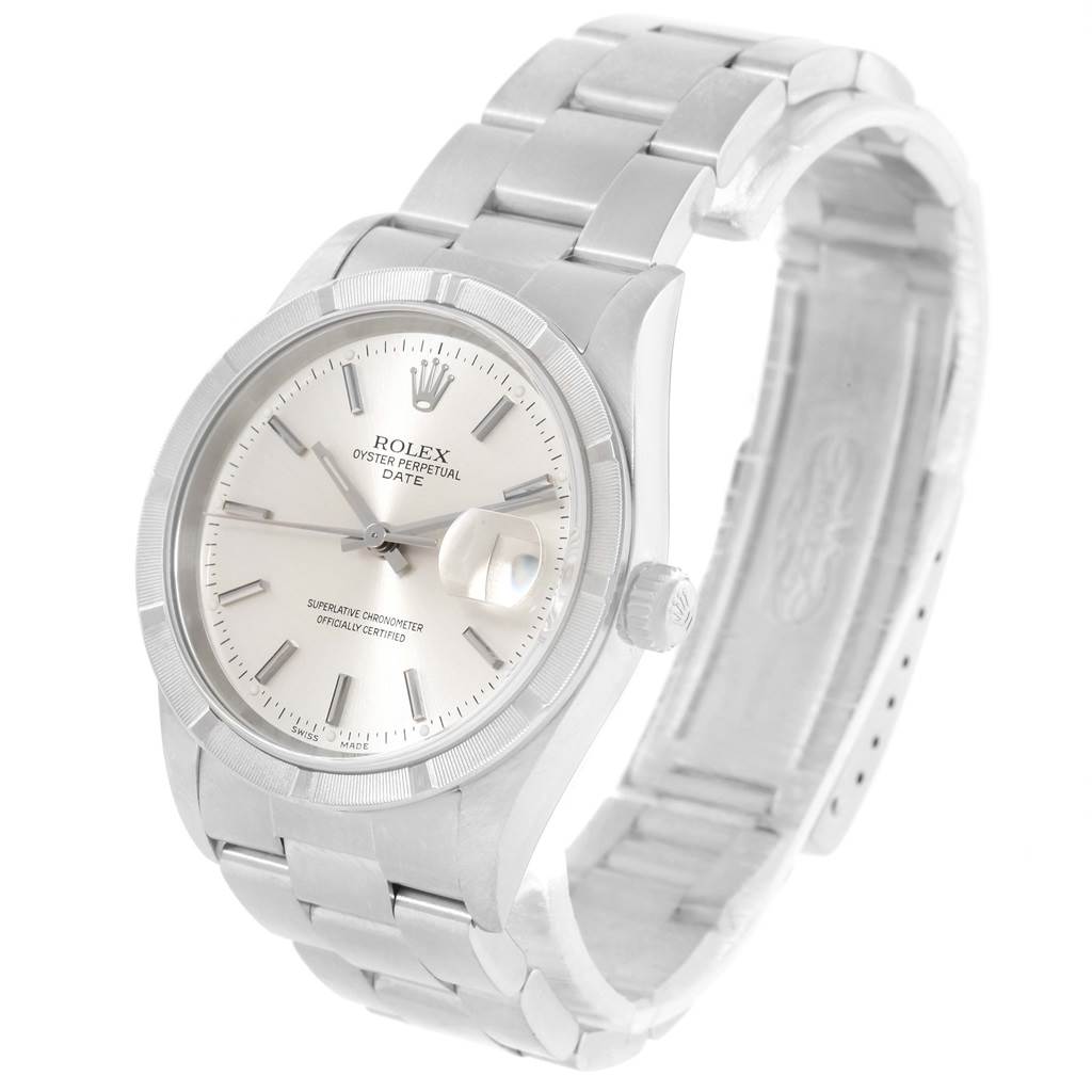 The Rolex Date 15210 Men's Stainless Steel Silver Dial 15210 Men's Stainless Steel Silver Dial model watch is shown at a three-quarter angle, featuring its face, bezel, crown, and metal bracelet.