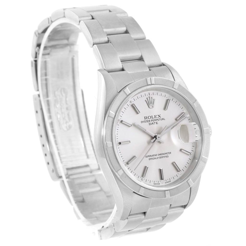 This is a slightly angled front view of a Rolex Date 15210 Men's Stainless Steel Silver Dial 15210 Men's Stainless Steel Silver Dial model watch, showing the dial, bracelet, and clasp.