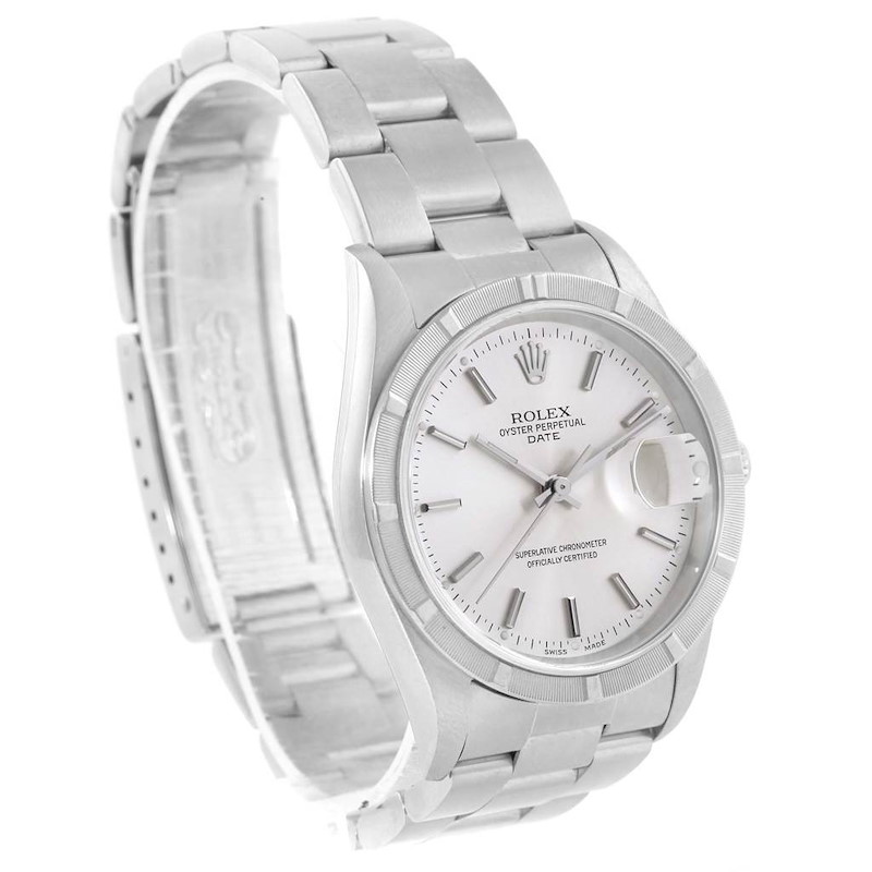 Rolex Date Silver Baton Dial Stainless Steel Mens Watch 15210 Box Papers SwissWatchExpo