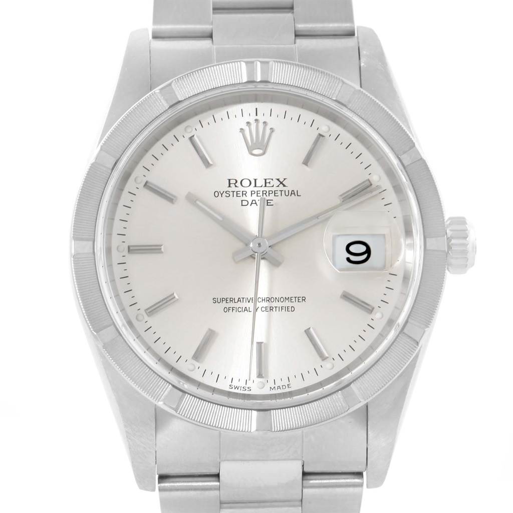 This image shows a frontal view of the Rolex Date 15210 Men's Stainless Steel Silver Dial 15210 Men's Stainless Steel Silver Dial model, highlighting the dial, bezel, and bracelet.