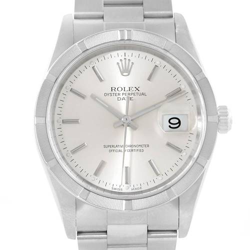Photo of Rolex Date Silver Baton Dial Stainless Steel Mens Watch 15210 Box Papers