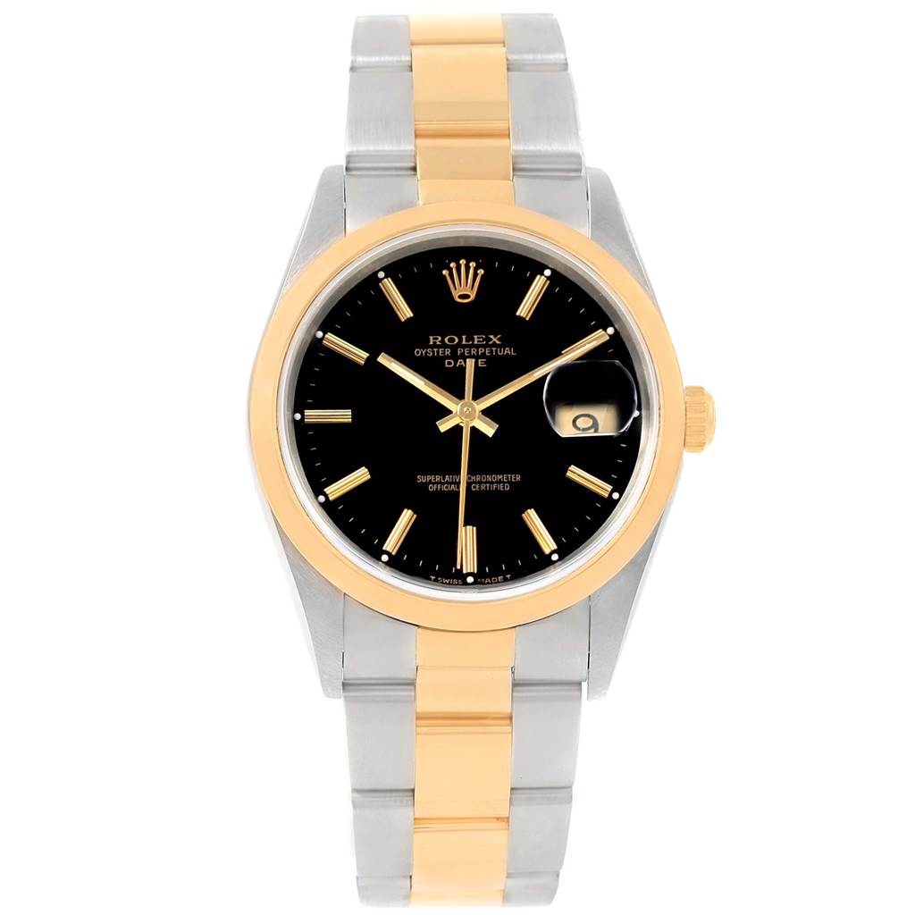 The image shows a frontal view of a Rolex Date 15203 Men's Steel and Gold (two tone) Black Dial 15203 Men's Steel and Gold (two tone) Black Dial model watch, displaying its bracelet, bezel, dial, and hands.