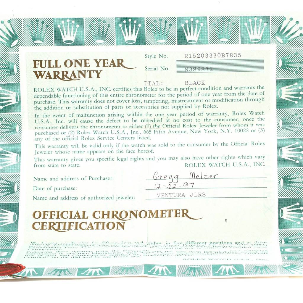 The image shows a full one-year warranty and official chronometer certification for a Rolex Date 15203 Men's Steel and Gold (two tone) Black Dial 15203 Men's Steel and Gold (two tone) Black Dial model watch.