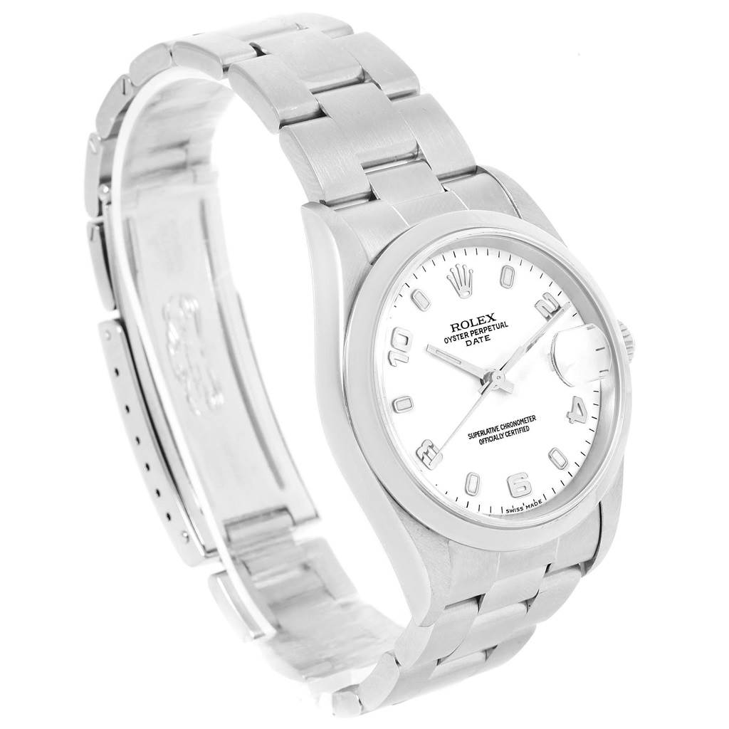 This Rolex Date 15200 Men's Stainless Steel White Dial 15200 Men's Stainless Steel White Dial model watch is shown at a slight angle, displaying the dial, bracelet, and clasp.