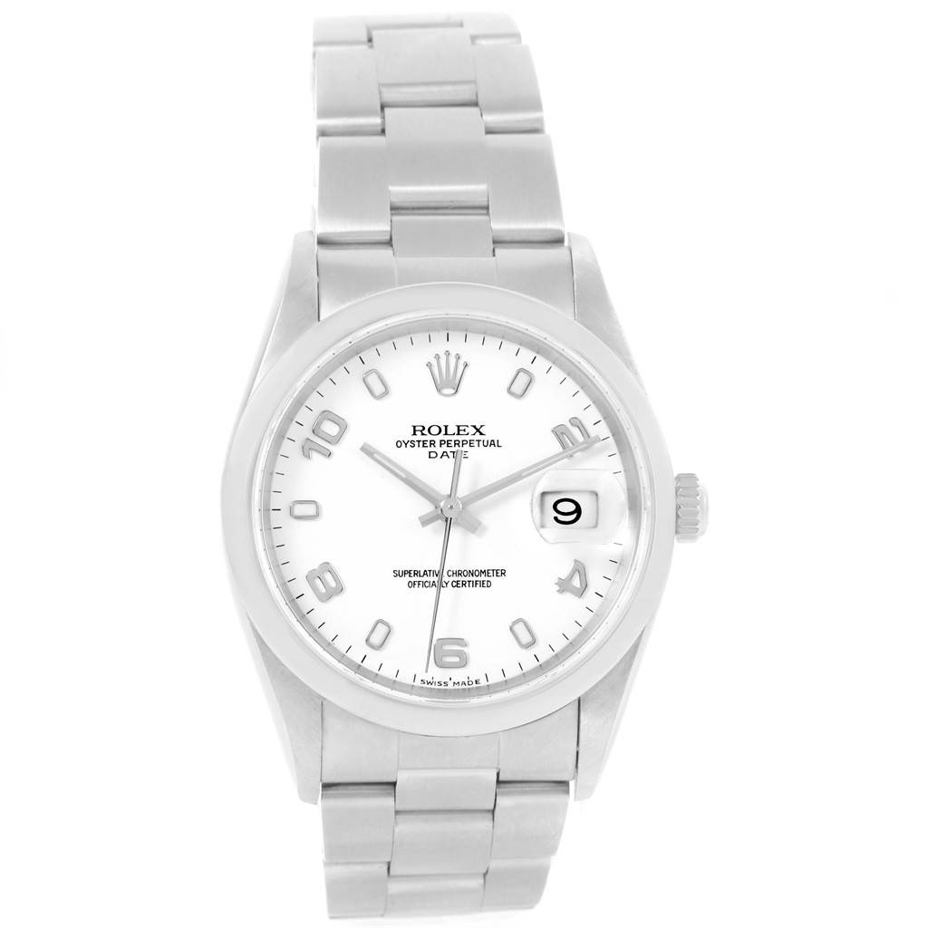 This image shows a Rolex Date 15200 Men's Stainless Steel White Dial 15200 Men's Stainless Steel White Dial model watch from a front angle, highlighting its white dial, bracelet, and date window.