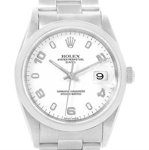 Photo of Rolex Date White Arabic Dial Oyster Bracelet Steel Mens Watch 15200