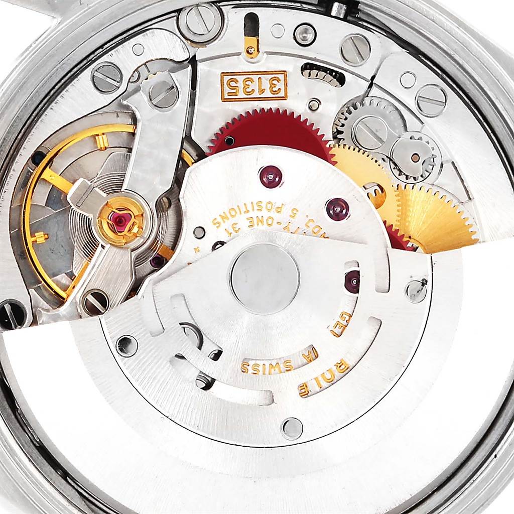 The image shows the internal mechanical components of a Rolex Date 15200 Men's Stainless Steel Black Dial 15200 Men's Stainless Steel Black Dial model watch, viewed from the back.
