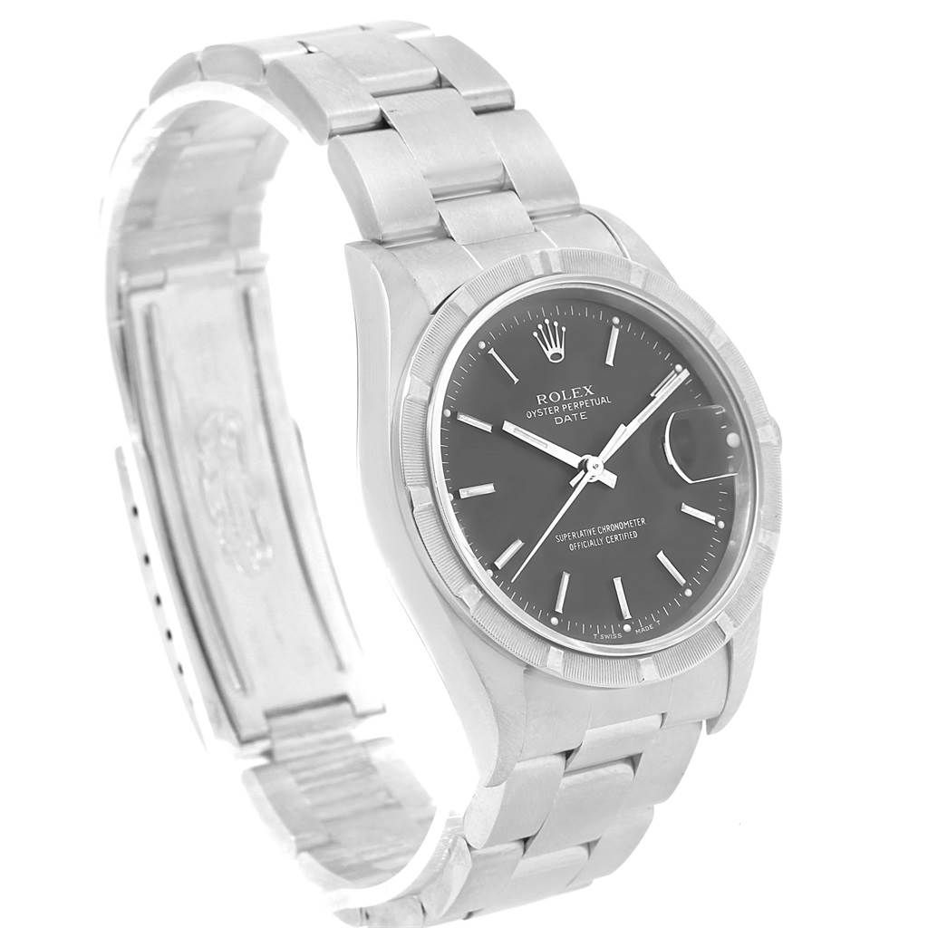 This image shows a side angle of the Rolex Date 15210 Men's Stainless Steel Grey Dial 15210 Men's Stainless Steel Grey Dial model watch, displaying the face, bezel, and metal bracelet.