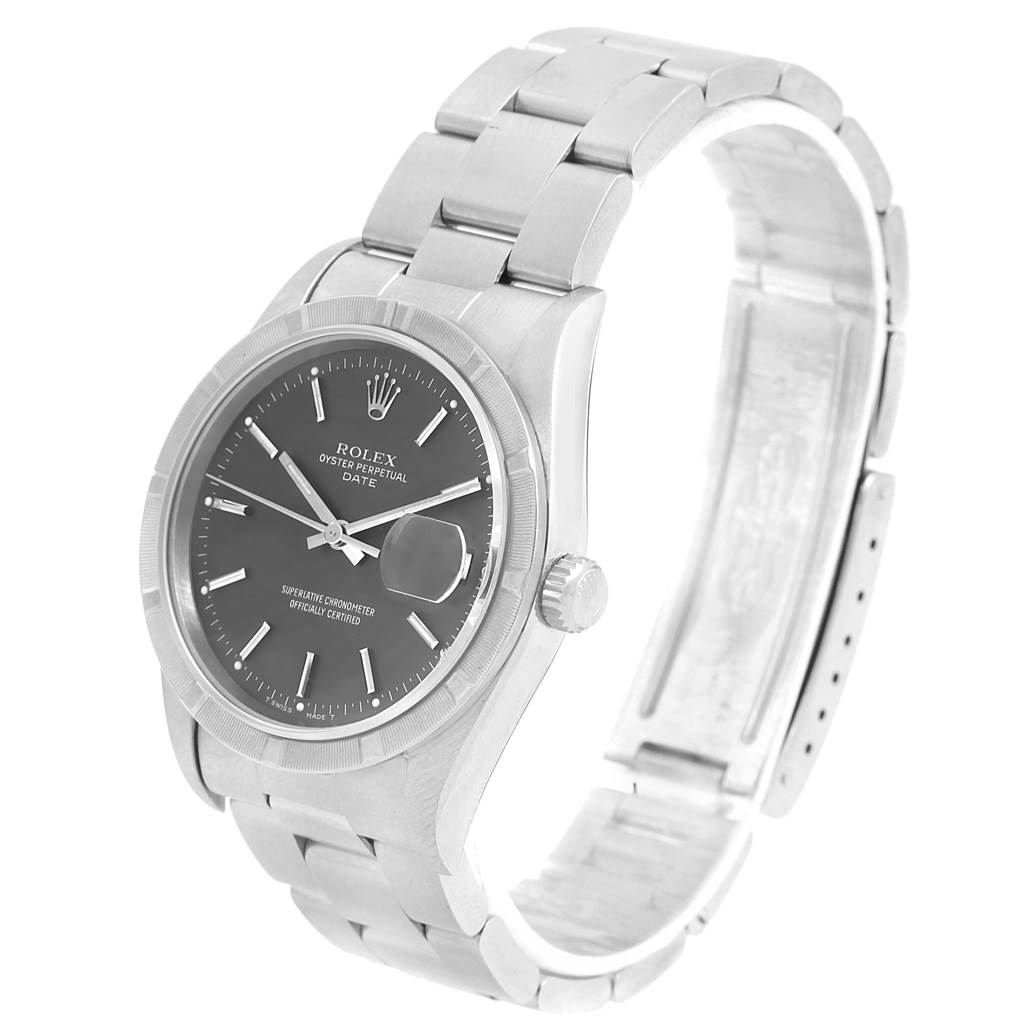 The image shows a Rolex Date 15210 Men's Stainless Steel Grey Dial 15210 Men's Stainless Steel Grey Dial model watch angled to display the face, bezel, and bracelet.