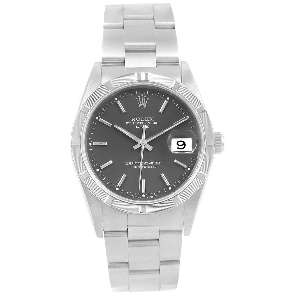 This image shows the front and full bracelet view of the Rolex Date 15210 Men's Stainless Steel Grey Dial 15210 Men's Stainless Steel Grey Dial watch.