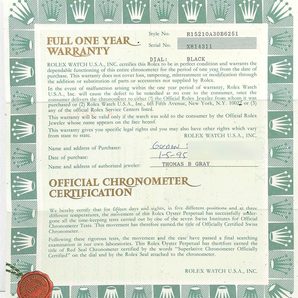The image shows a warranty and chronometer certification document for a Rolex Date 15210 Men's Stainless Steel Grey Dial 15210 Men's Stainless Steel Grey Dial model watch.