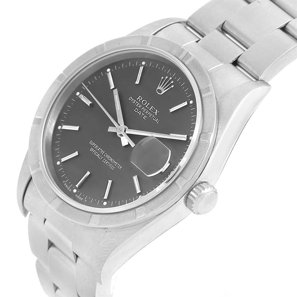 The watch is a Rolex Date 15210 Men's Stainless Steel Grey Dial 15210 Men's Stainless Steel Grey Dial model shown at a slight angle, displaying its face, bezel, bracelet, and crown.