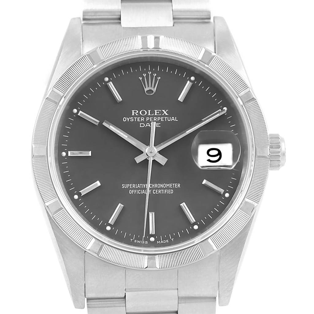 The image shows a close-up of the Rolex Date 15210 Men's Stainless Steel Grey Dial 15210 Men's Stainless Steel Grey Dial model, highlighting the dial, hands, bezel, crown, and date window.