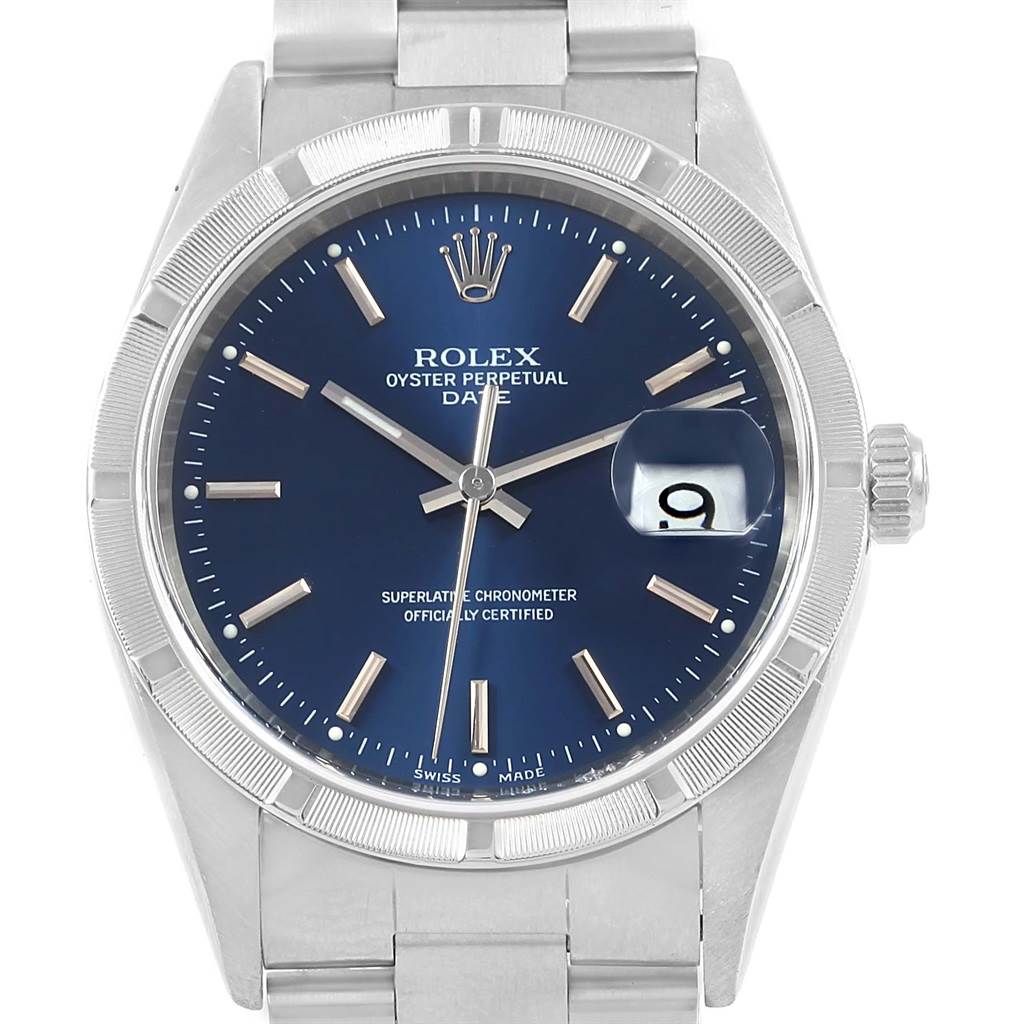 This front-angle view shows the dial, bezel, crown, bracelet, and date window of the Rolex Date 15210 Men's Stainless Steel Blue Dial 15210 Men's Stainless Steel Blue Dial model watch.