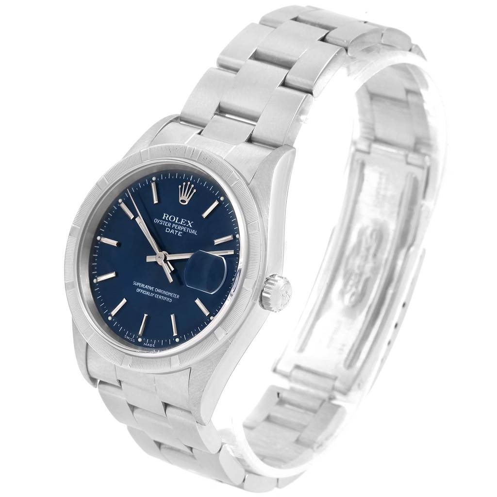 The image shows a Rolex Date 15210 Men's Stainless Steel Blue Dial 15210 Men's Stainless Steel Blue Dial model watch from a three-quarter angled view, highlighting the face, bezel, case, and bracelet.