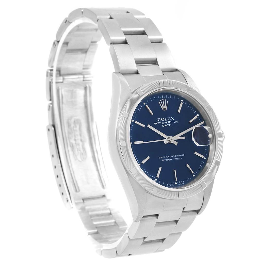 This image shows a Rolex Date 15210 Men's Stainless Steel Blue Dial 15210 Men's Stainless Steel Blue Dial model watch at an angled front view, highlighting its blue dial, metal bracelet, and fluted bezel.