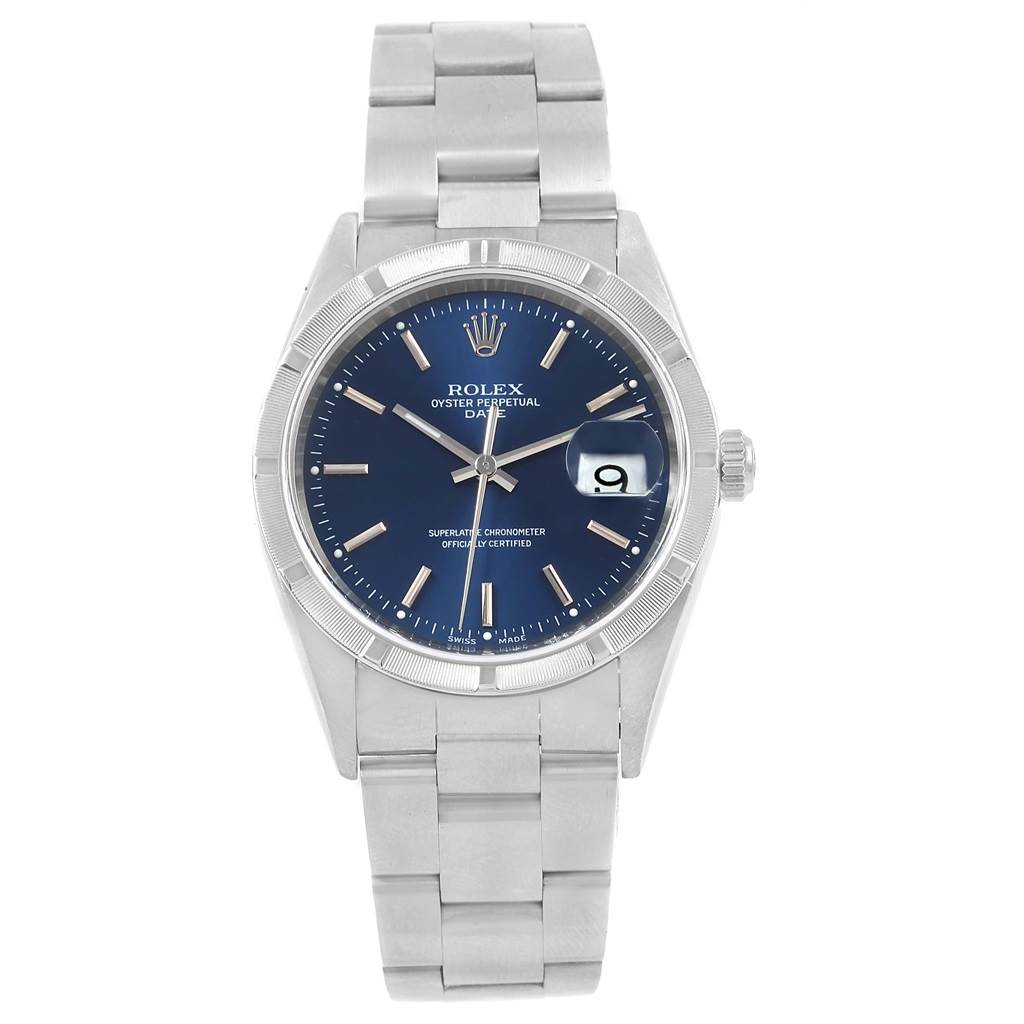 The image shows a frontal view of a Rolex Date 15210 Men's Stainless Steel Blue Dial 15210 Men's Stainless Steel Blue Dial model watch featuring the dial, hands, date window, and bracelet.