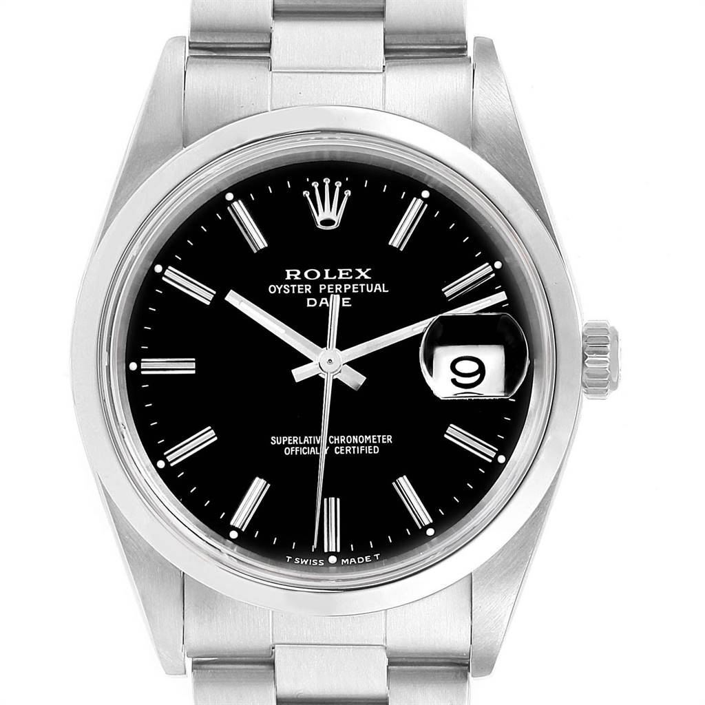 This image shows a front view of the Rolex Date 15200 Men's Stainless Steel Black Dial 15200 Men's Stainless Steel Black Dial watch, detailing its black dial, hour markers, hands, date window, and bracelet.