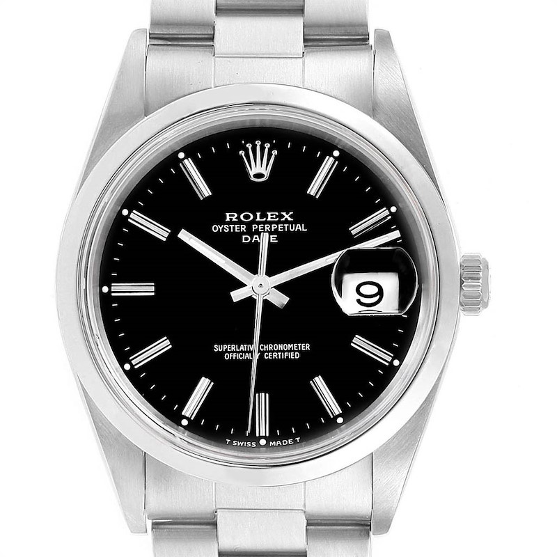 Rolex Date Black Baton Dial Domed Bezel Steel Mens Watch 15200 SwissWatchExpo