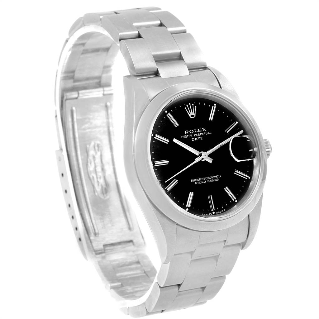The image shows a side-angle view of the Rolex Date 15200 Men's Stainless Steel Black Dial 15200 Men's Stainless Steel Black Dial model watch, highlighting the face, bezel, and part of the bracelet.