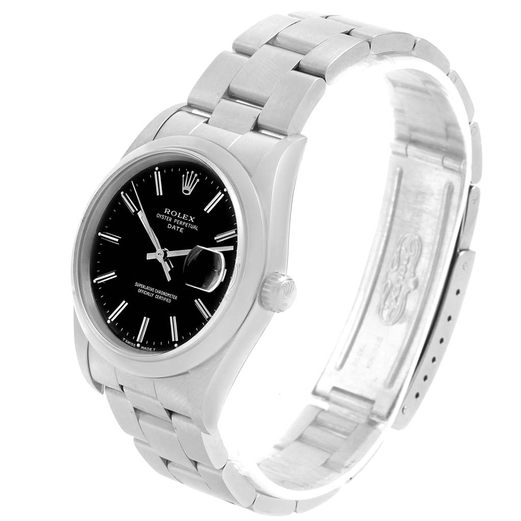 The Rolex Date 15200 Men's Stainless Steel Black Dial 15200 Men's Stainless Steel Black Dial model watch is shown at a 3/4 angle, highlighting the face, bezel, crown, and part of the bracelet.