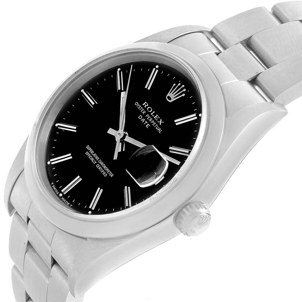 The image shows a Rolex Date 15200 Men's Stainless Steel Black Dial 15200 Men's Stainless Steel Black Dial model from an angled side view, highlighting the black dial, case, crown, and part of the bracelet.