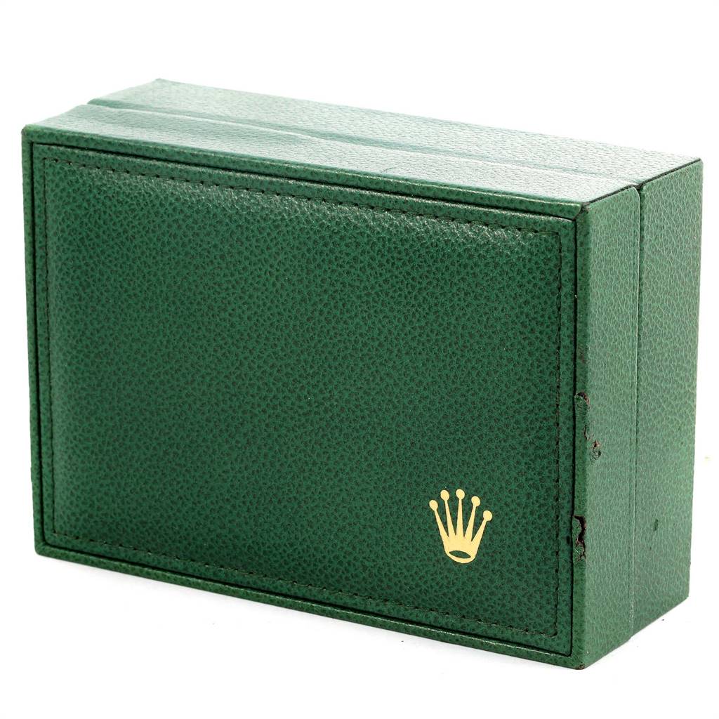 The image shows a green Rolex Date 15200 Men's Stainless Steel Black Dial 15200 Men's Stainless Steel Black Dial watch box with the brand's logo in gold on the front.