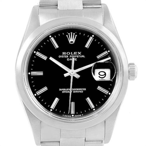 Photo of Rolex Date Black Baton Dial Domed Bezel Steel Mens Watch 15200