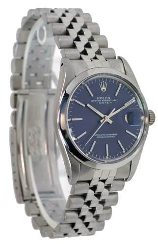 The image shows a side angle of a Rolex Date 15000 Men's Stainless Steel Purple Dial 15000 Men's Stainless Steel Purple Dial model watch, highlighting the bracelet, bezel, case, and dial.
