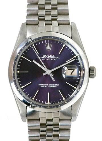 This image shows a front view of a Rolex Date 15000 Men's Stainless Steel Purple Dial 15000 Men's Stainless Steel Purple Dial model watch, displaying its face, hands, date window, bezel, and bracelet.