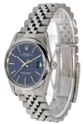 The image shows a Rolex Date 15000 Men's Stainless Steel Purple Dial 15000 Men's Stainless Steel Purple Dial model watch from a front angled view displaying its bracelet, face, hands, and crown.