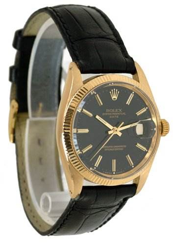 This is a side-angle view of a Rolex Date 1503 Men's Yellow Gold Black Dial 1503 Men's Yellow Gold Black Dial model showing the watch face, bezel, crown, and leather strap.