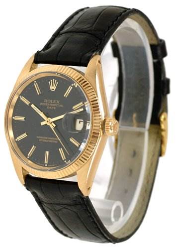 This image shows a Rolex Date 1503 Men's Yellow Gold Black Dial 1503 Men's Yellow Gold Black Dial watch at a three-quarter angle, highlighting the black dial, gold case, and black leather strap.
