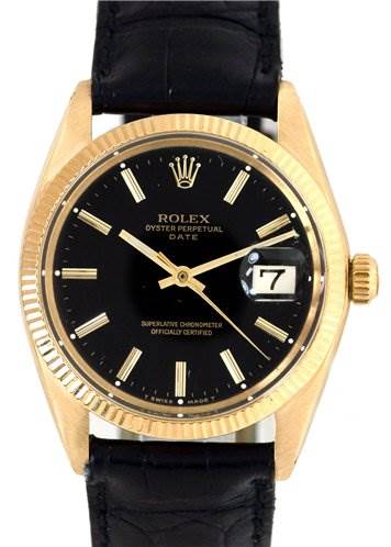 This image shows a front view of a Rolex Oyster Perpetual Date watch, displaying the dial, hands, date window, and a leather strap.