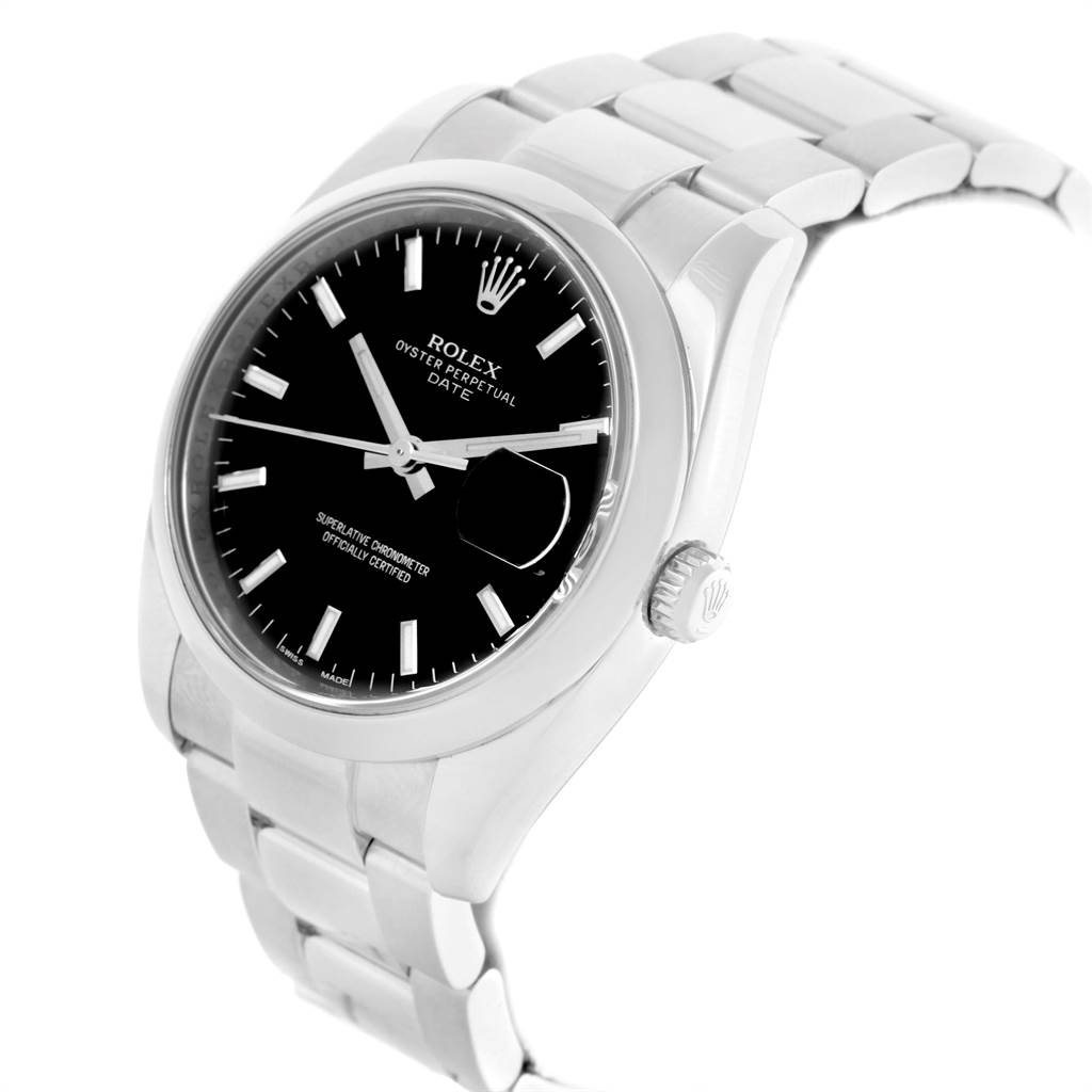 The image shows a Rolex Date 115200 Men's Stainless Steel Black Dial 115200 Men's Stainless Steel Black Dial model watch at an angled wrist view, highlighting the black dial, bracelet, and crown.