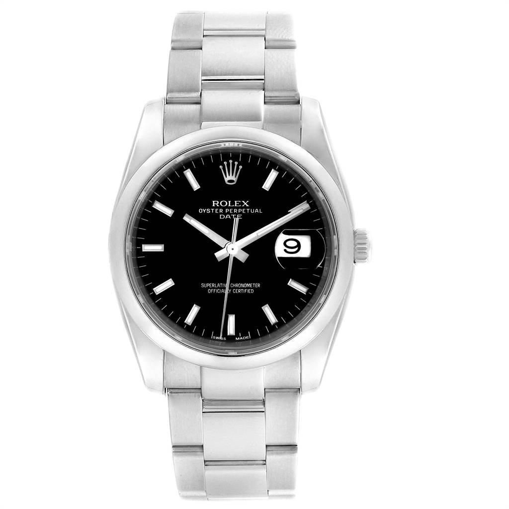 This image shows a front view of the Rolex Date 115200 Men's Stainless Steel Black Dial 115200 Men's Stainless Steel Black Dial model watch, displaying its dial, bezel, case, and bracelet.
