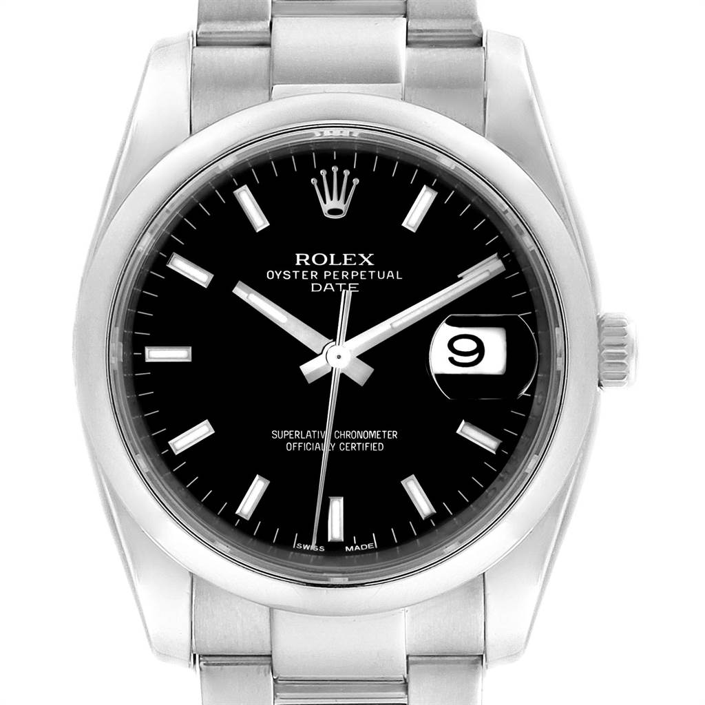 This image shows a front view of the Rolex Date 115200 Men's Stainless Steel Black Dial 115200 Men's Stainless Steel Black Dial model watch, highlighting the dial, bezel, crown, and bracelet.