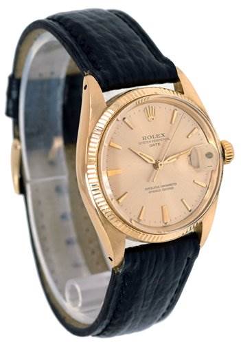 The image shows a Rolex Date 1503 Men's Yellow Gold Champagne Dial 1503 Men's Yellow Gold Champagne Dial model watch from an angled perspective highlighting the face, bezel, and leather strap.