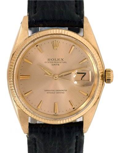The image shows a frontal view of a Rolex Date 1503 Men's Yellow Gold Champagne Dial 1503 Men's Yellow Gold Champagne Dial model watch, displaying its dial, hands, bezel, and part of its black strap.