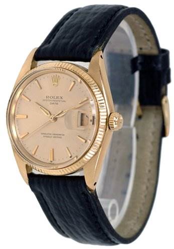 The image shows a Rolex Date 1503 Men's Yellow Gold Champagne Dial 1503 Men's Yellow Gold Champagne Dial model watch at an angled side view, highlighting its dial, bezel, crown, and leather strap.
