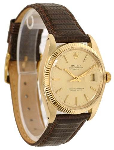 The image shows a Rolex Date 1503 Men's Yellow Gold Champagne Dial 1503 Men's Yellow Gold Champagne Dial model watch from a side-front angle, featuring the watch face, bezel, crown, and leather strap.