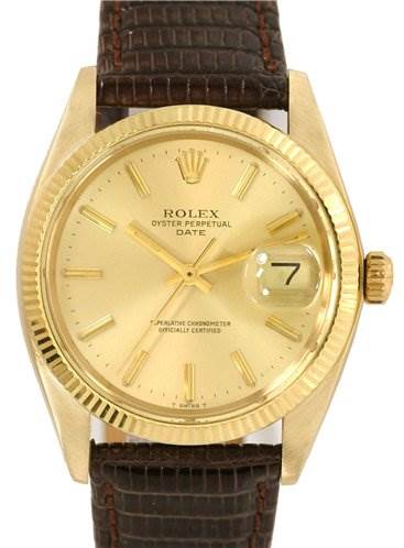 The image shows a Rolex Date 1503 Men's Yellow Gold Champagne Dial 1503 Men's Yellow Gold Champagne Dial model watch from a front view angle, displaying its face, bezel, and leather strap.