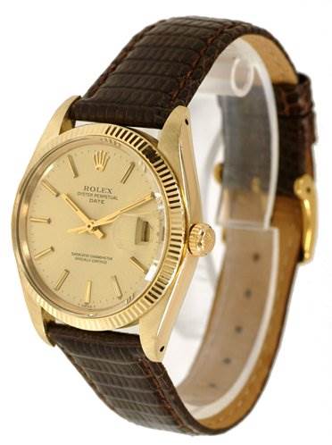 The image shows a side view of a Rolex Date 1503 Men's Yellow Gold Champagne Dial 1503 Men's Yellow Gold Champagne Dial watch, highlighting the dial, crown, case, and leather strap.